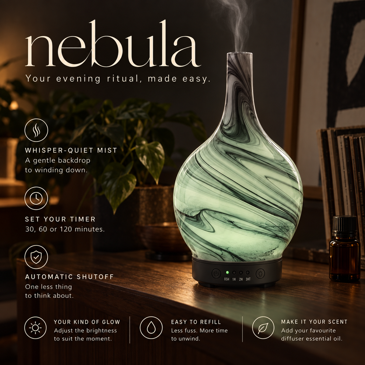 Nebula evening ritual: quiet mist, timers, automatic shutoff, adjustable brightness, easy refill and fragrance