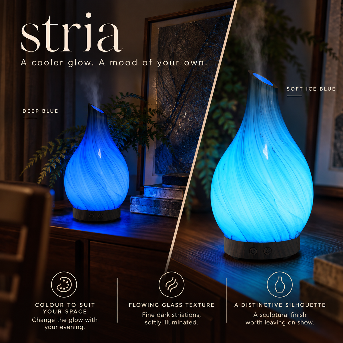 Stria in deep blue and icy blue with flowing glass texture and sculptural slanted silhouette