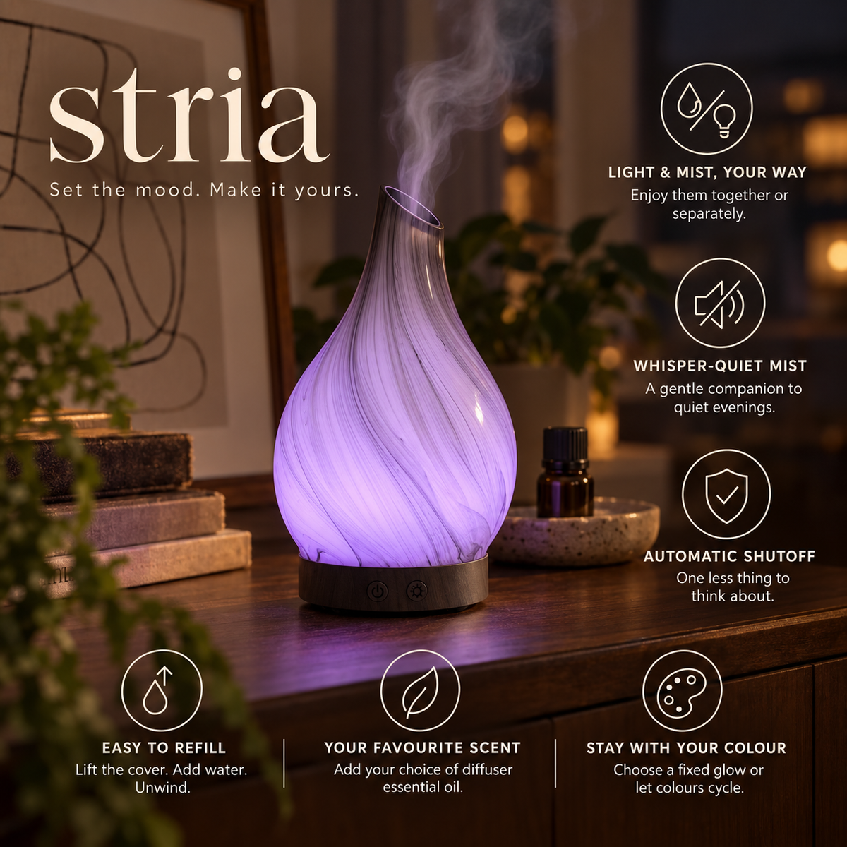 Stria violet glow and mist with separate controls, quiet operation, automatic shutoff, easy refill and fragrance benefits