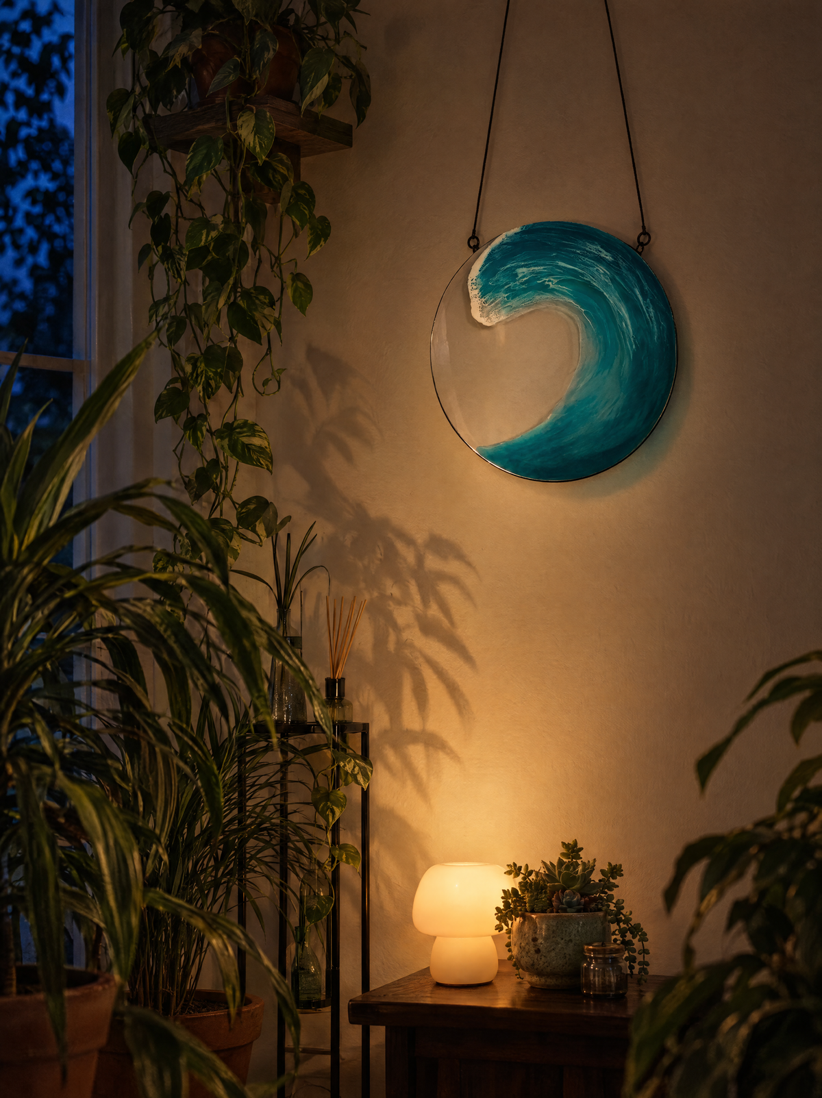 Unda Curling Wave ocean wave panel beside plants