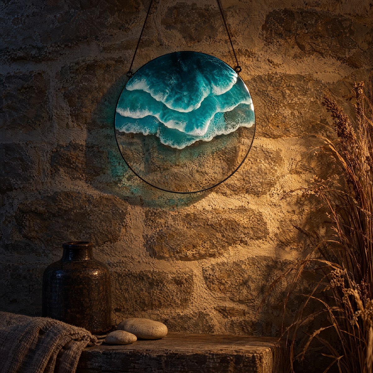 Unda Layered Surf ocean wave panel against a stone wall