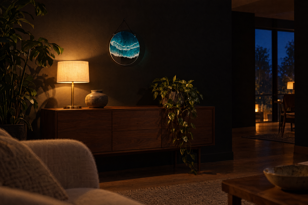 Unda ocean wave wall decor in a softly lit living room