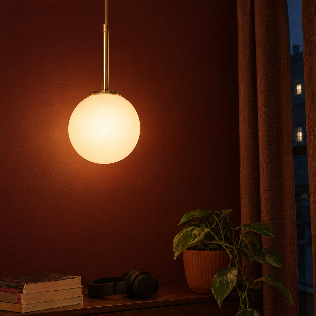 Opal glass globe pendant in copper with milk white glass, hanging over a walnut chest in a dark red bedroom at night