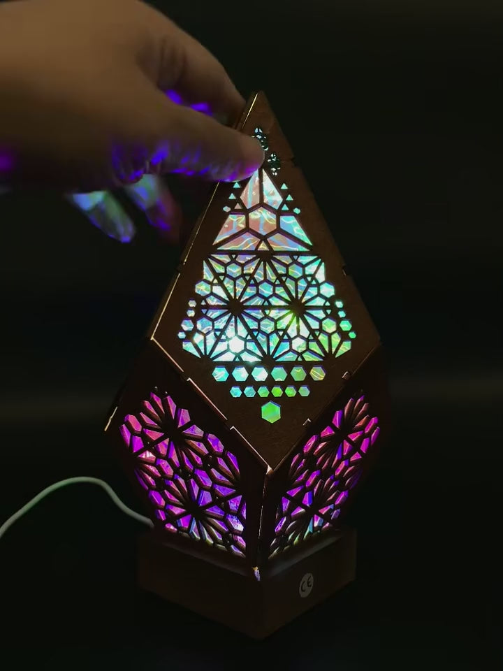 Mosa lantern rotating from its colourful patterned body to a close-up of the panels