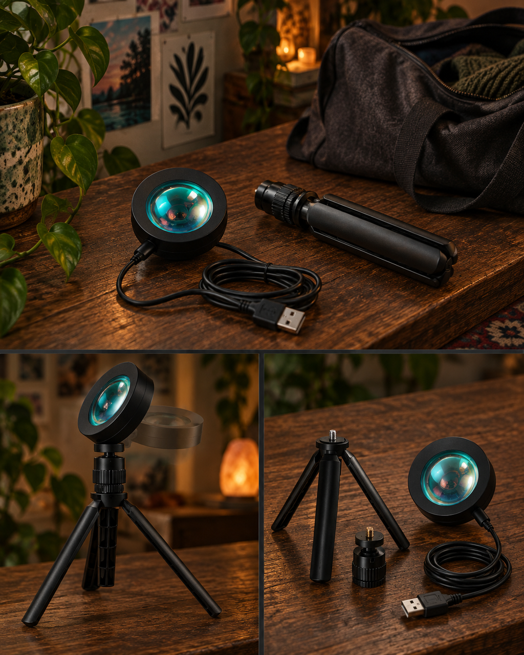 Folding tripod, adjustable lamp head, detachable mounting parts and USB lead; styling bag not included