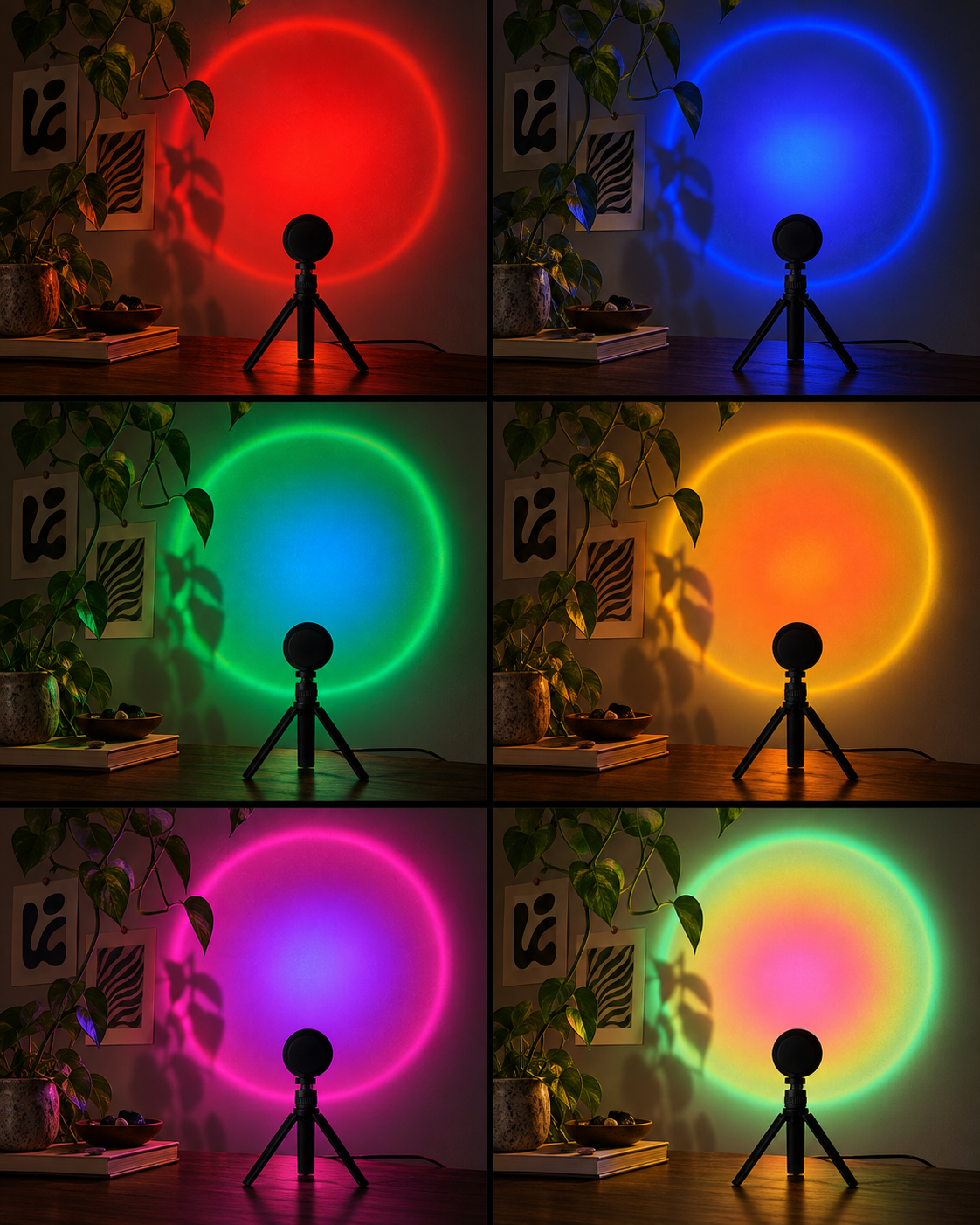 The same tripod lamp shown with red, blue, green, amber and multicolour light effects