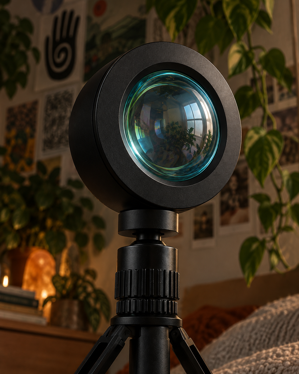 Close-up of the unlit convex lens, matte black housing and ribbed tripod mount