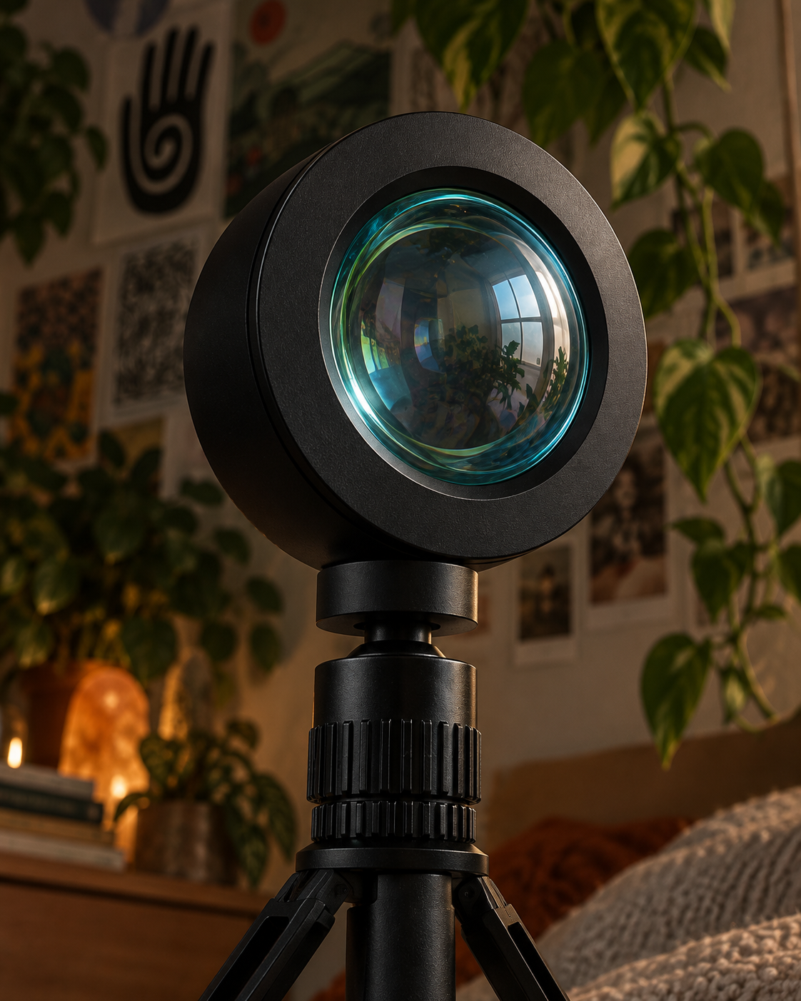 Close-up of the unlit convex lens, matte black housing and ribbed tripod mount
