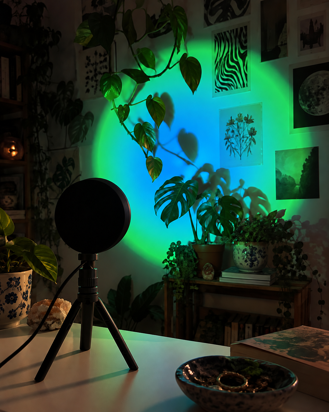 Prisma black tripod sunset lamp casting green and cyan light across a plant-filled room