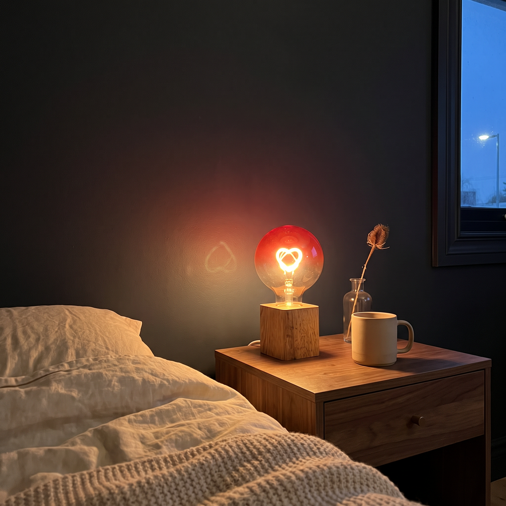 Ember heart filament table lamp in red, lit on a bedside table in a dark bedroom