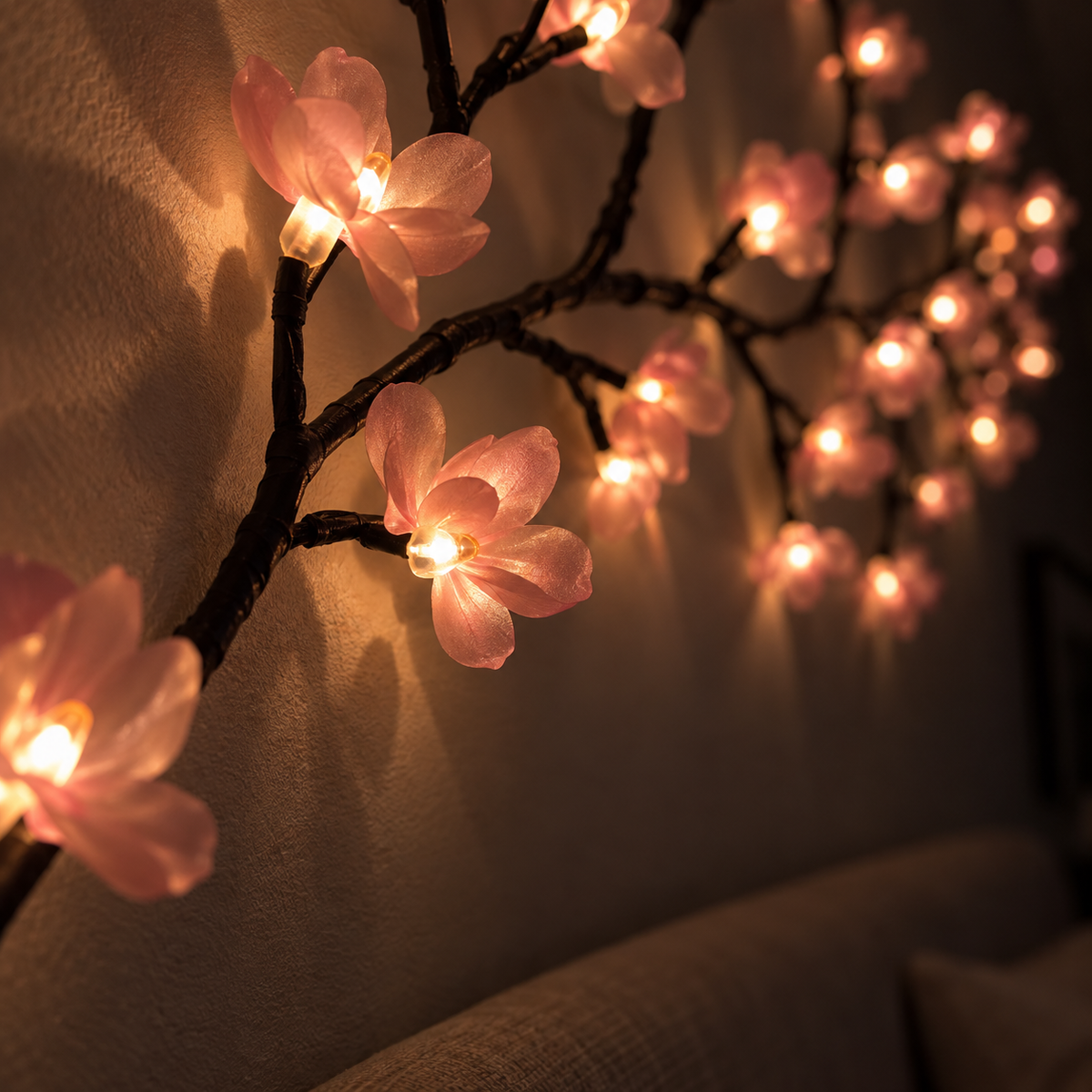 Angled close-up of Sero pink blossoms with warm-white lights and dark flexible branches