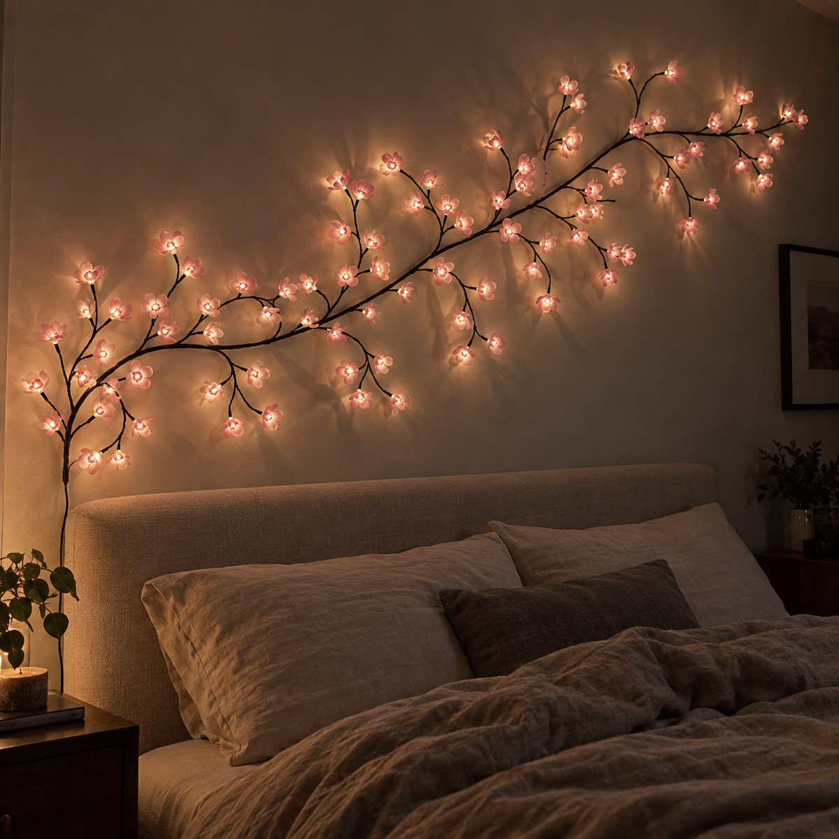 Sero pink blossom wall light arranged above a headboard in a softly lit bedroom