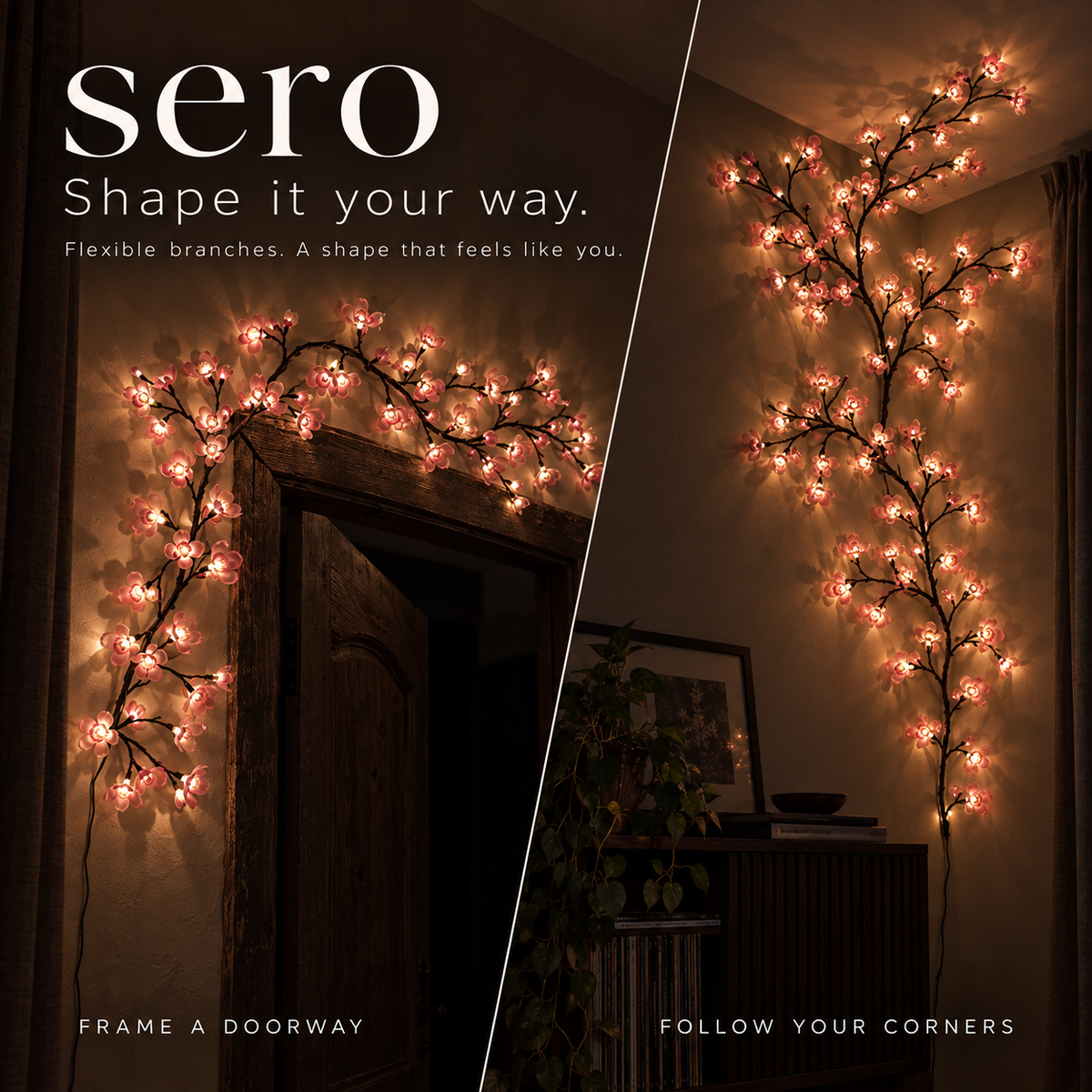 Shape Sero your way: flexible blossom branches around a doorway and along a room corner