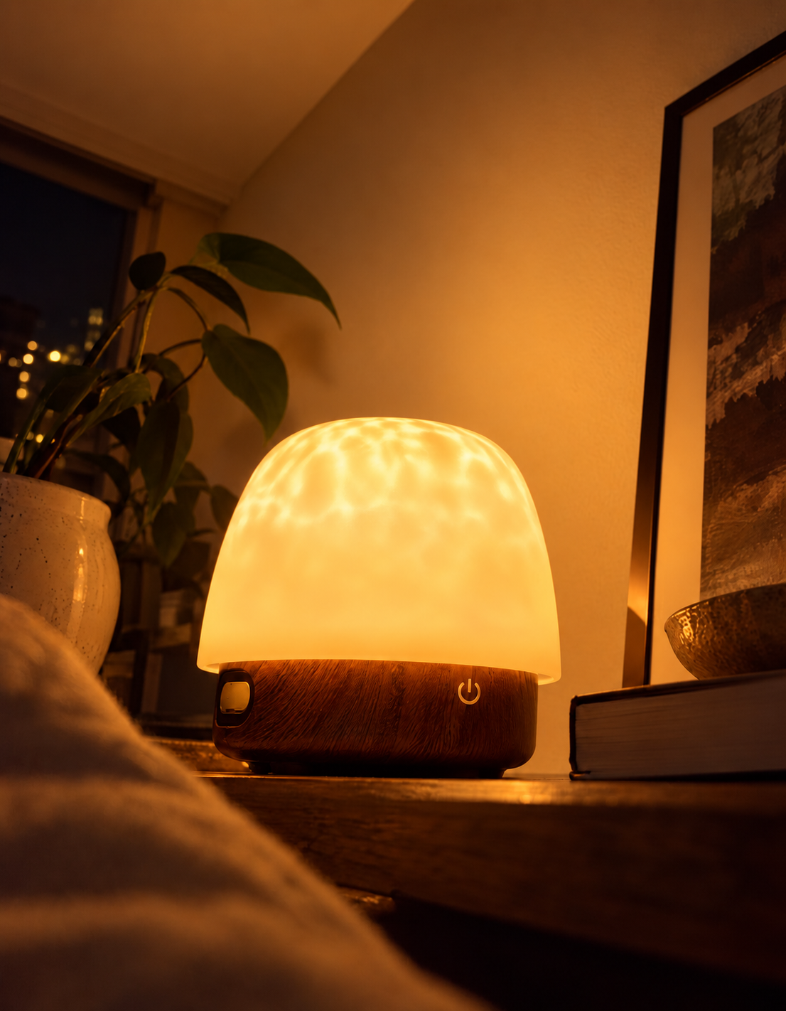 Low-angle walnut Shoal with shade fitted, glowing amber and casting soft light across the wall.