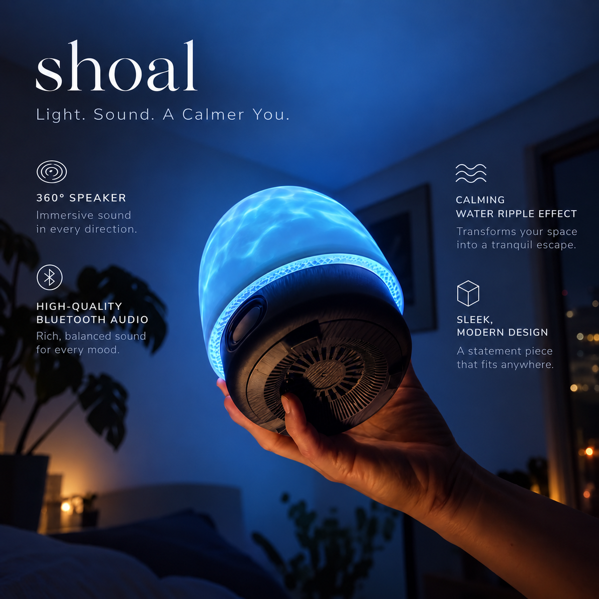 Shoal light and Bluetooth speaker infographic with blue shade glow and soft ambient wall light.