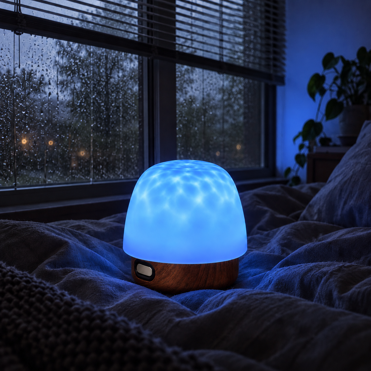 Walnut Shoal glowing blue on a charcoal duvet beside a rainy window, with soft light on the wall.