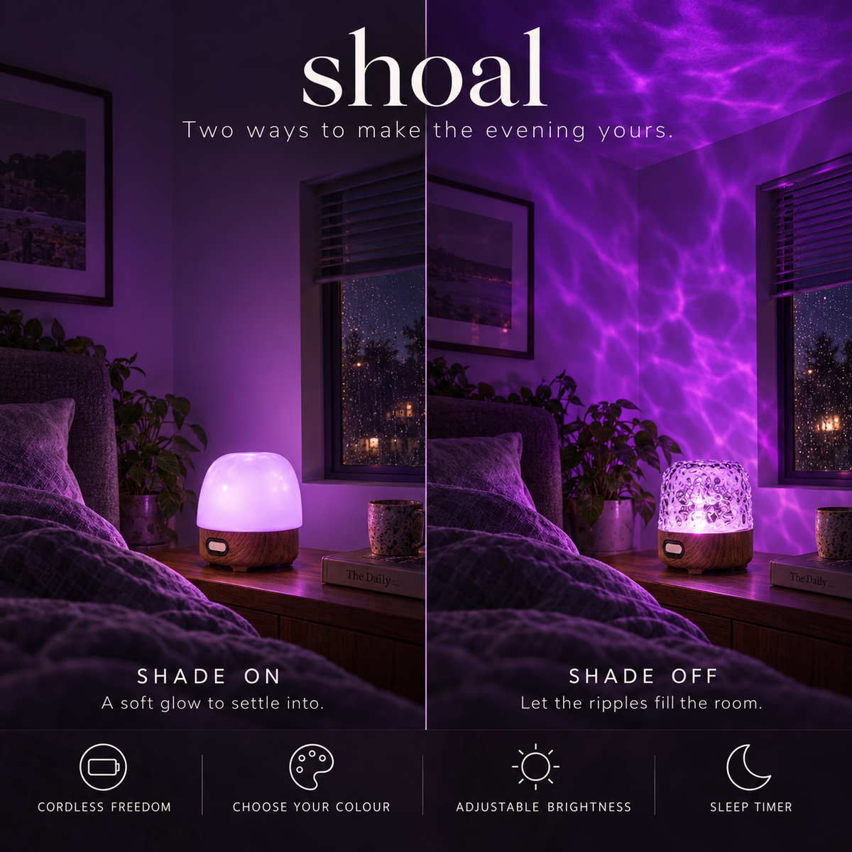 Split view: Shoal with shade on for soft purple light and shade off for vivid ripple projection.