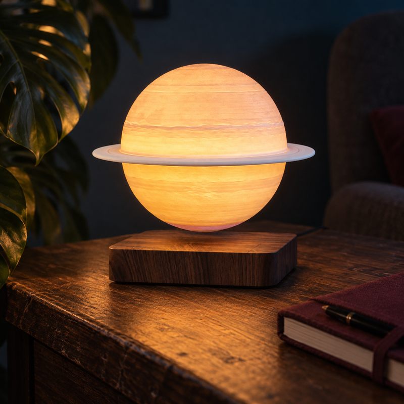Sidera levitating Saturn lamp with a pale ring and glowing peach globe above a wood-effect base
