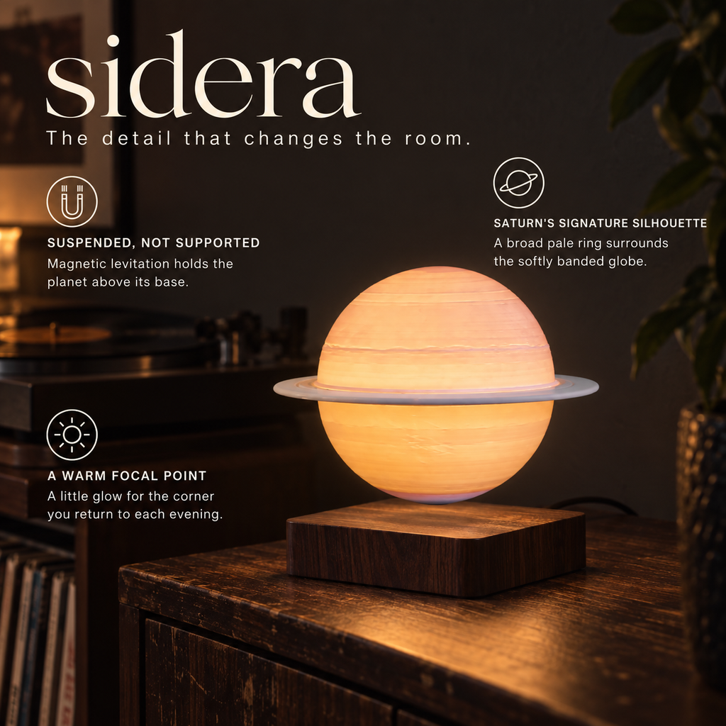 Sidera floating Saturn lamp infographic showing magnetic levitation, ringed globe and warm glow