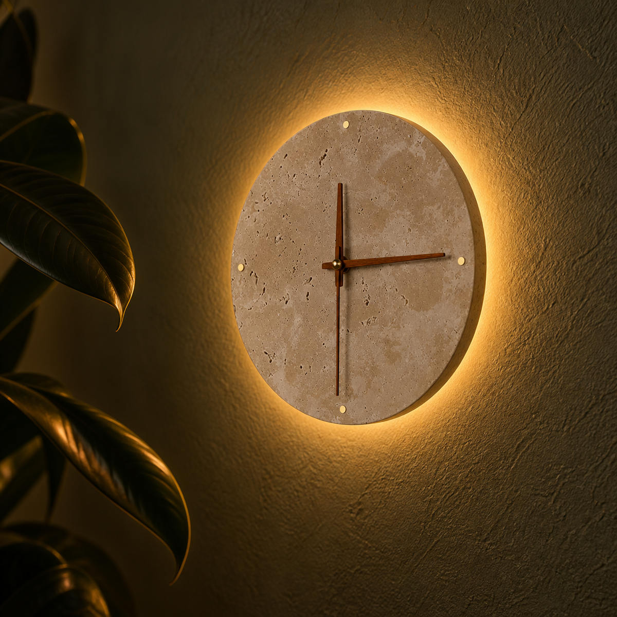 Solum beige wall clock with slim brown hands and warm backlighting on a textured wall