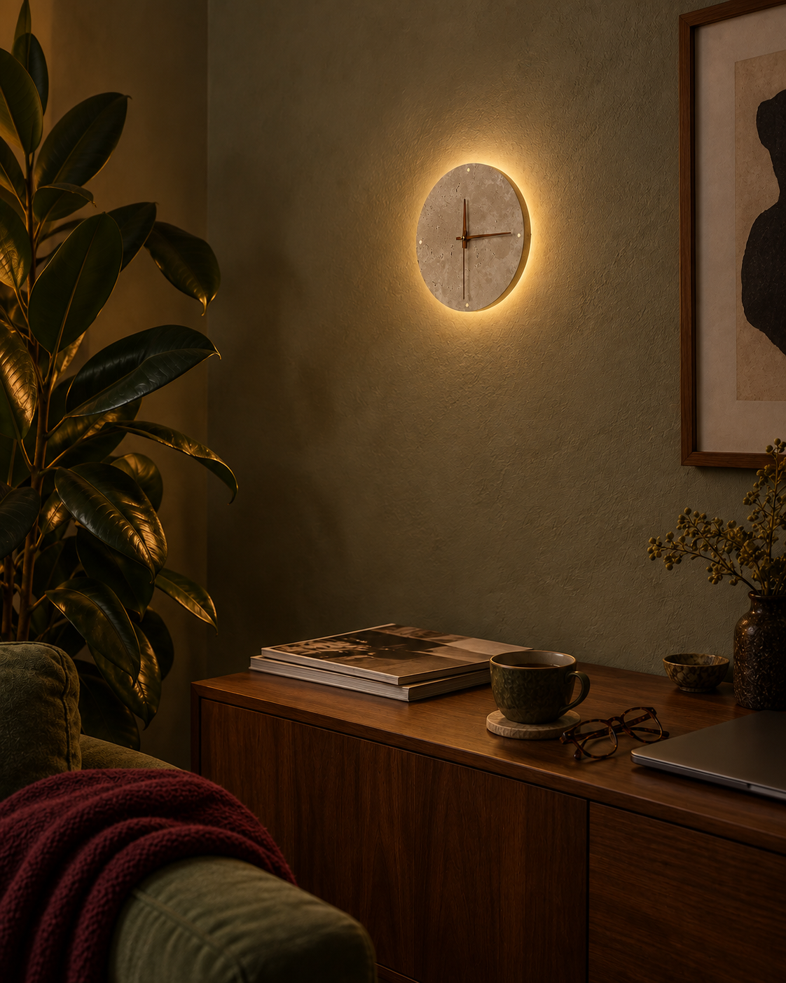Solum illuminated wall clock above a walnut cabinet in a dark apartment living room with leafy greenery