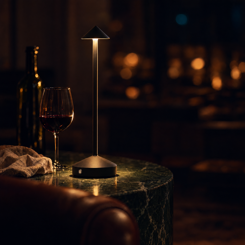 Spire table lamp in black, lit on a green marble side table beside a glass of red wine at night