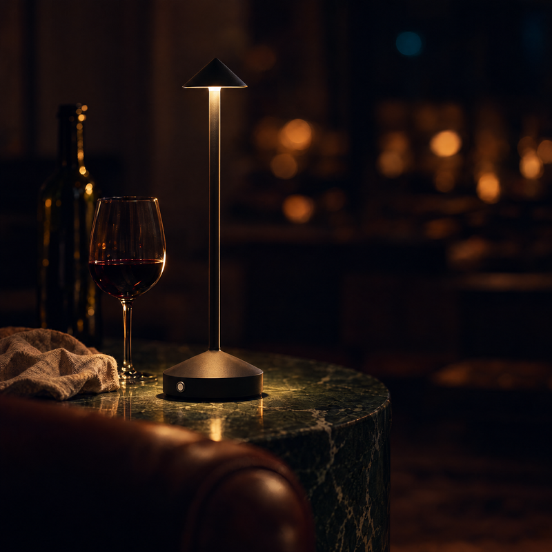 Spire table lamp in black, lit on a green marble side table beside a glass of red wine at night