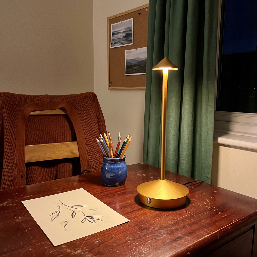 Gold Spire cone table lamp on an art desk