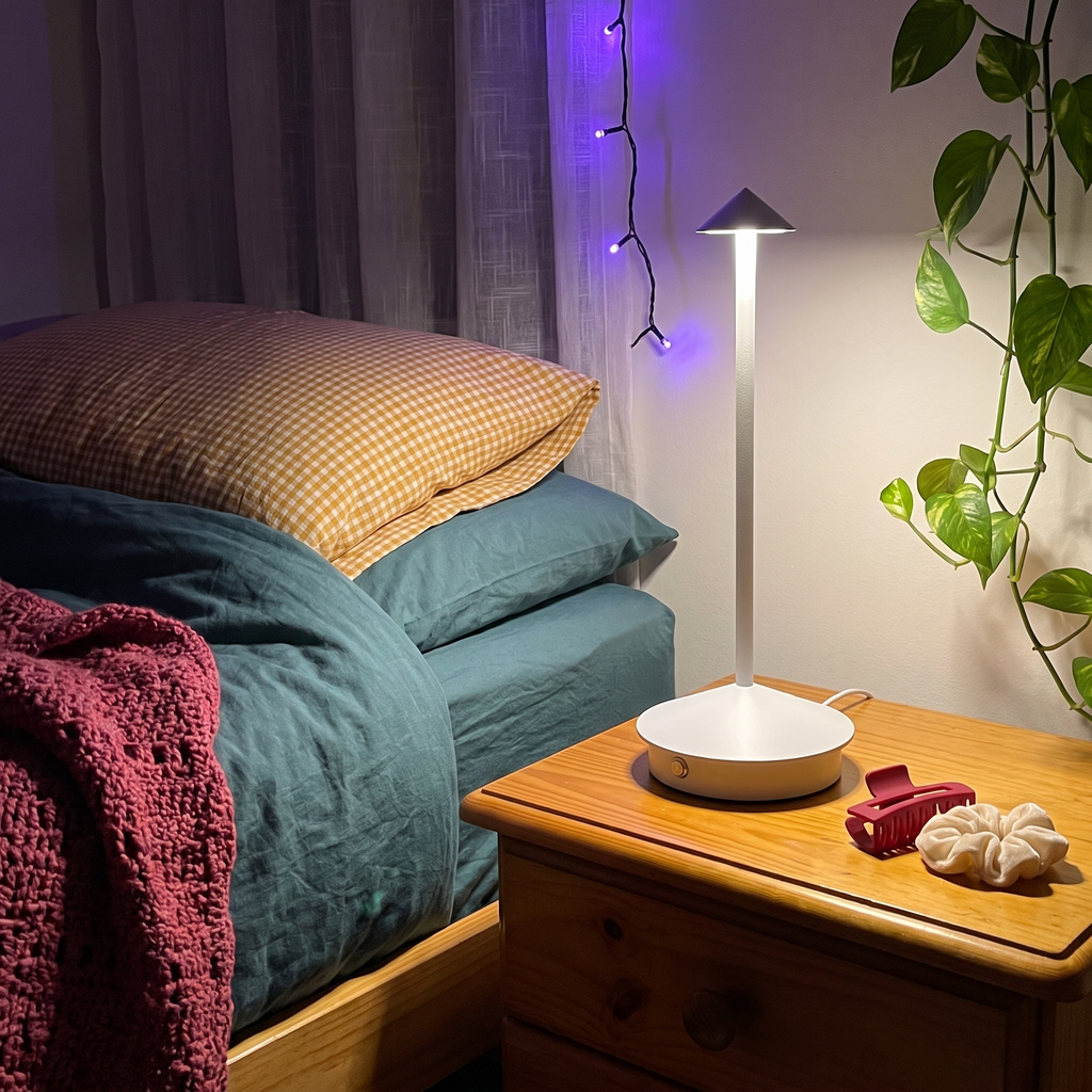 White Spire cone table lamp in a cosy student bedroom
