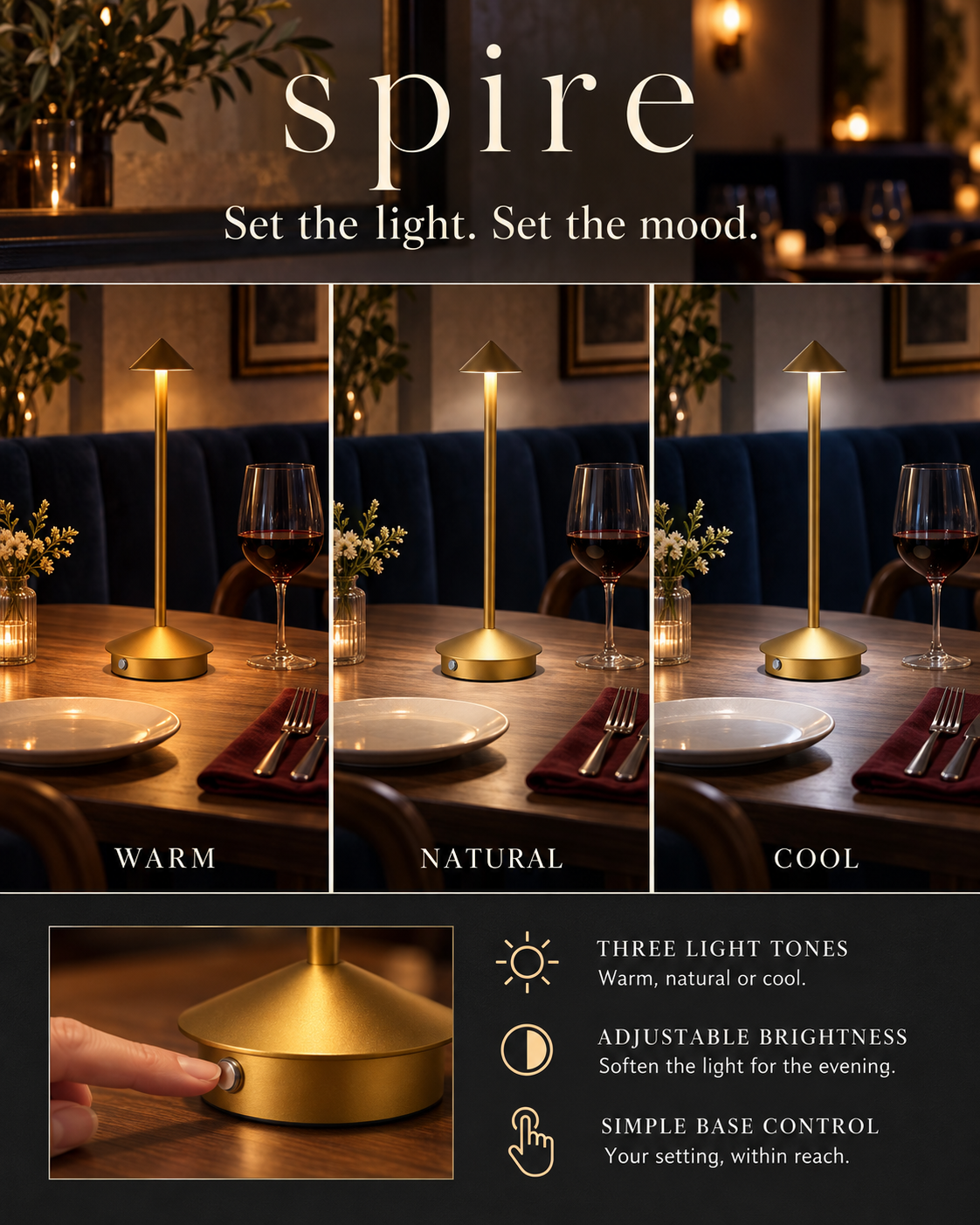 Spire light settings infographic comparing warm, natural and cool light with base control