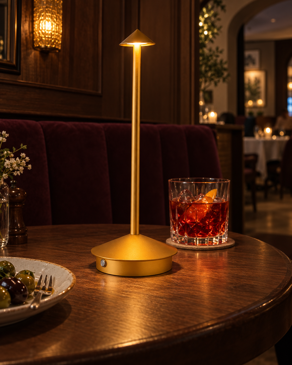 Gold Spire table lamp viewed from a low angle beside a restaurant booth