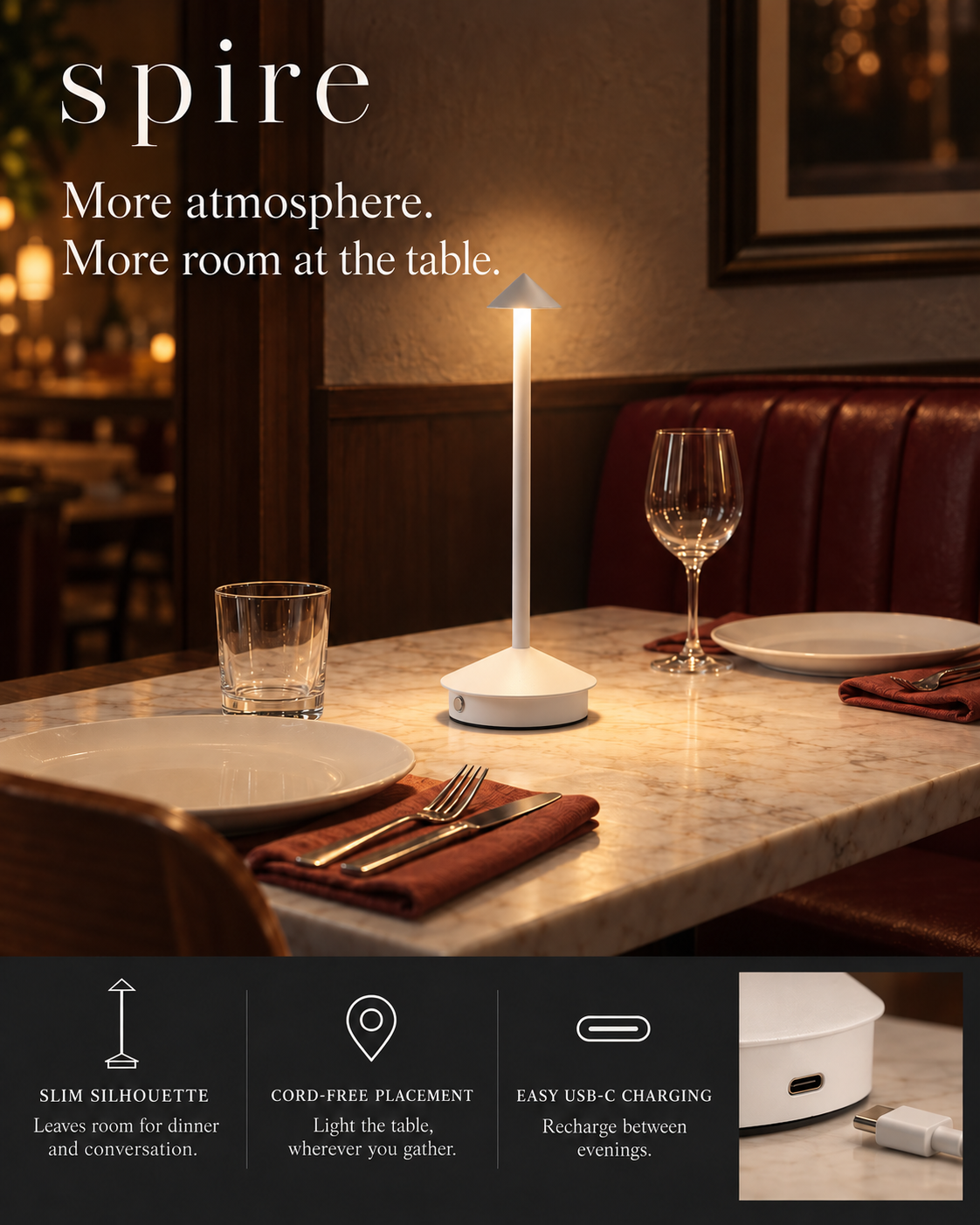 White Spire dining infographic showing slim design, cordless placement and USB-C charging