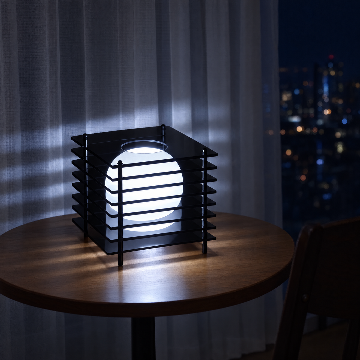 Strata Black acrylic cube lamp with a white illuminated sphere beside a window