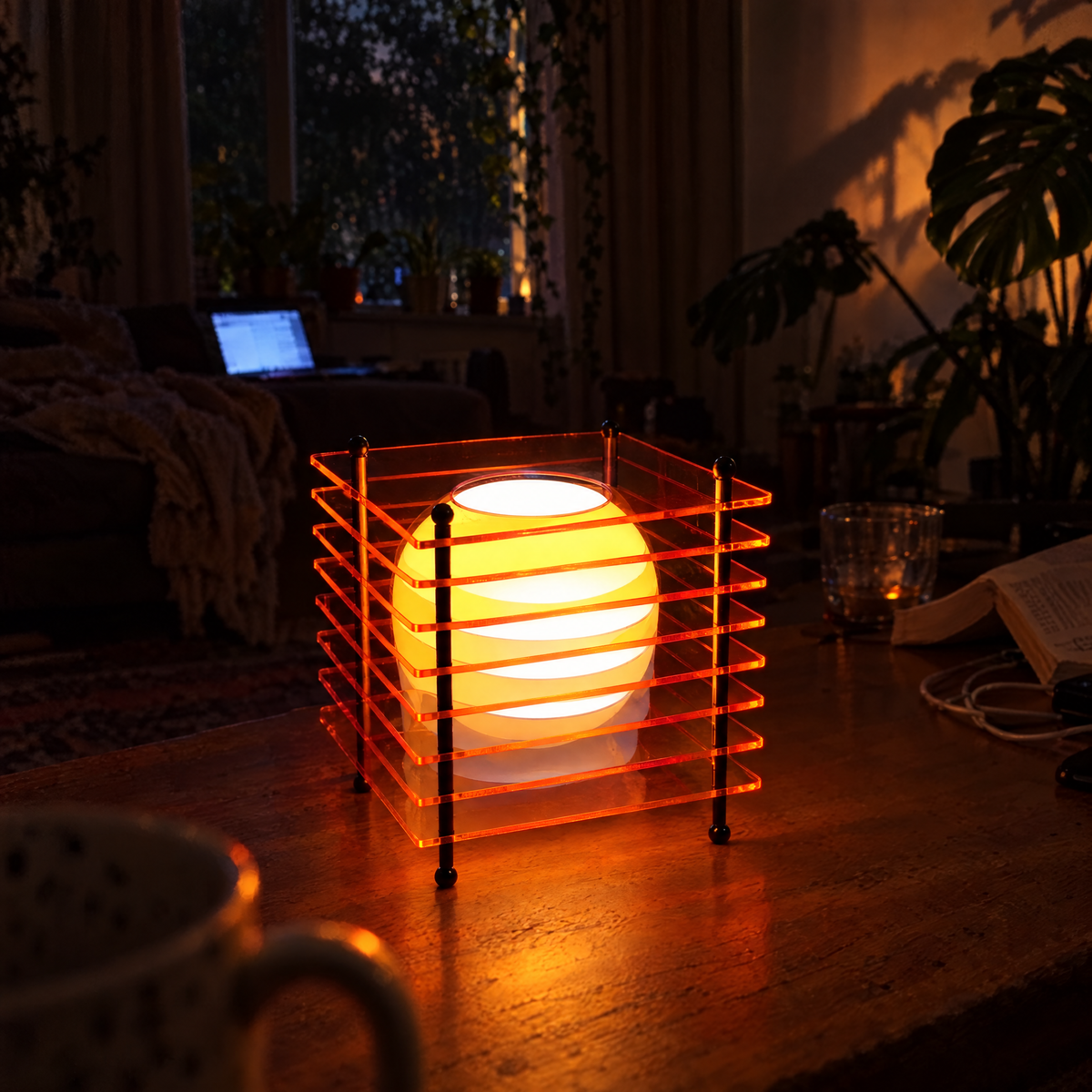 Strata Orange acrylic cube lamp with a glowing sphere on a wooden coffee table