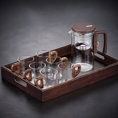 Glass Filter Teapot Set with 6 Cups & Wooden Tray
