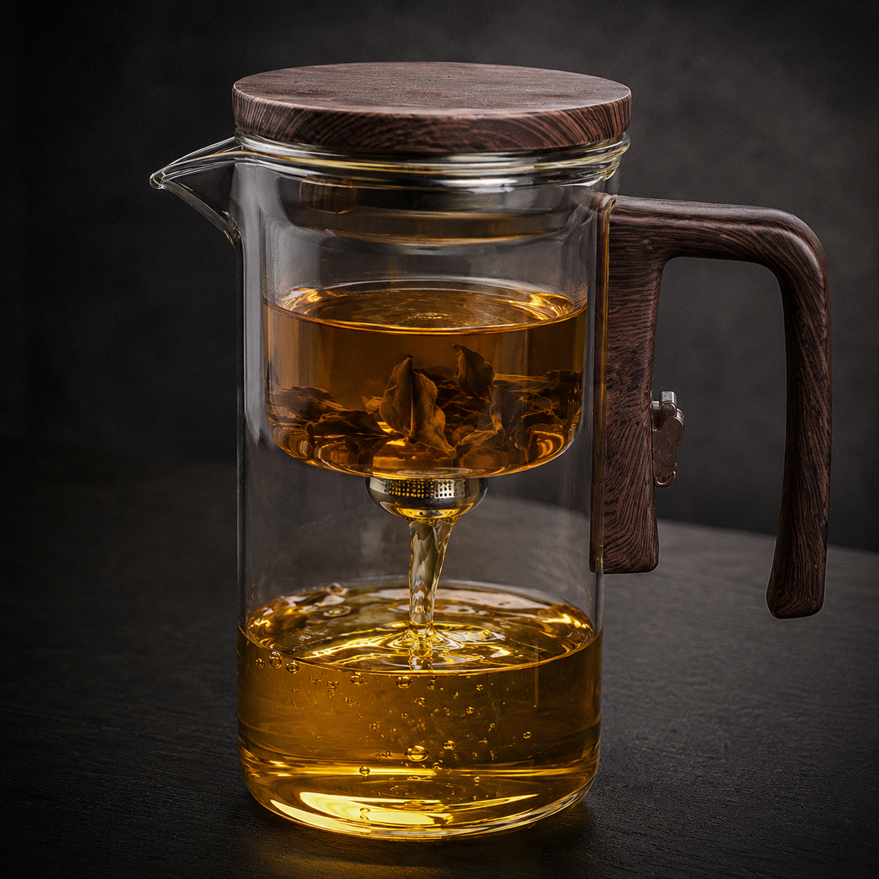 Glass Filter Teapot Set with 6 Cups & Wooden Tray