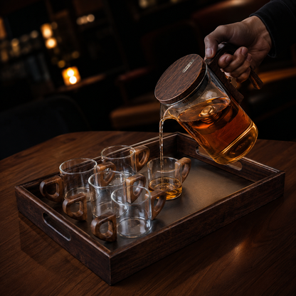 Glass Filter Teapot Set with 6 Cups & Wooden Tray