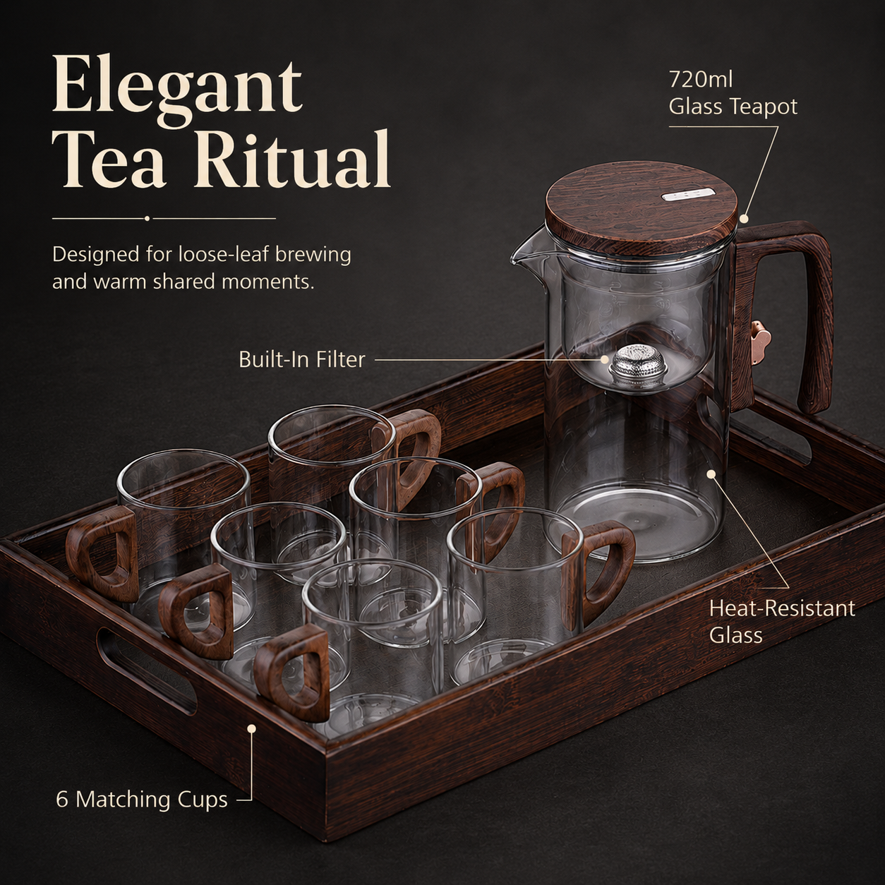 Glass Filter Teapot Set with 6 Cups & Wooden Tray