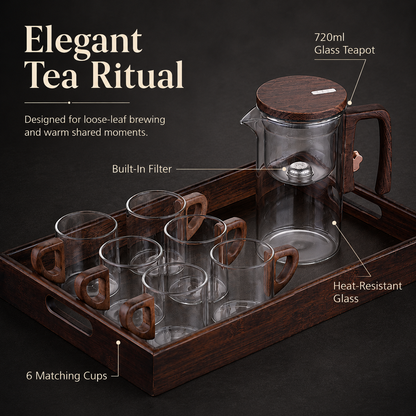 Glass Filter Teapot Set with 6 Cups & Wooden Tray