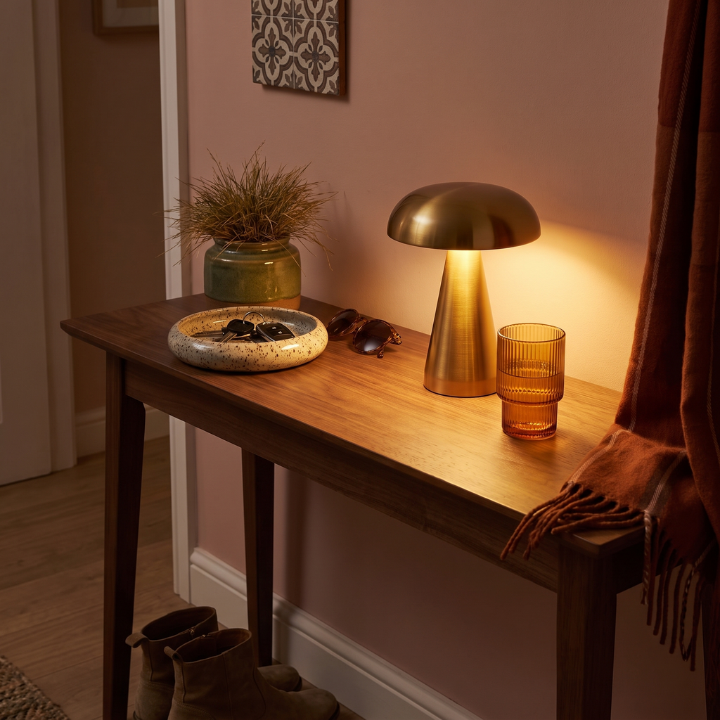 Morel brass table lamp lit on a narrow hallway console at night, with keys, sunglasses and a striped scarf