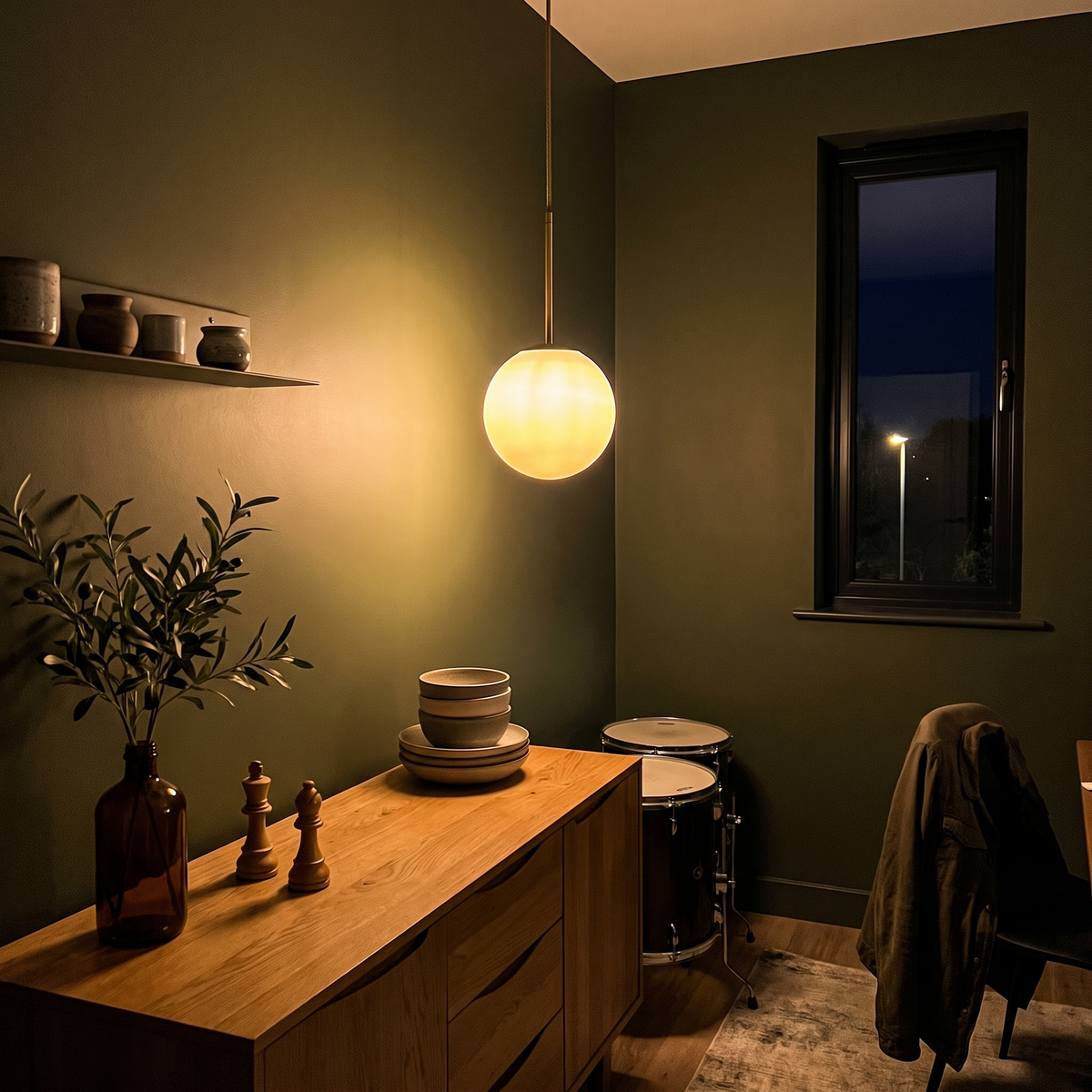 The pendant over an oak sideboard in an olive living room