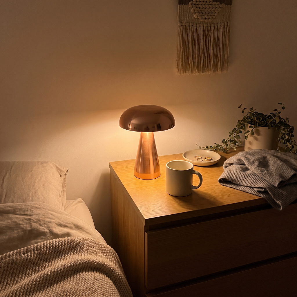 Morel table lamp in rose gold lit on a bedroom chest of drawers at night, beside a bed