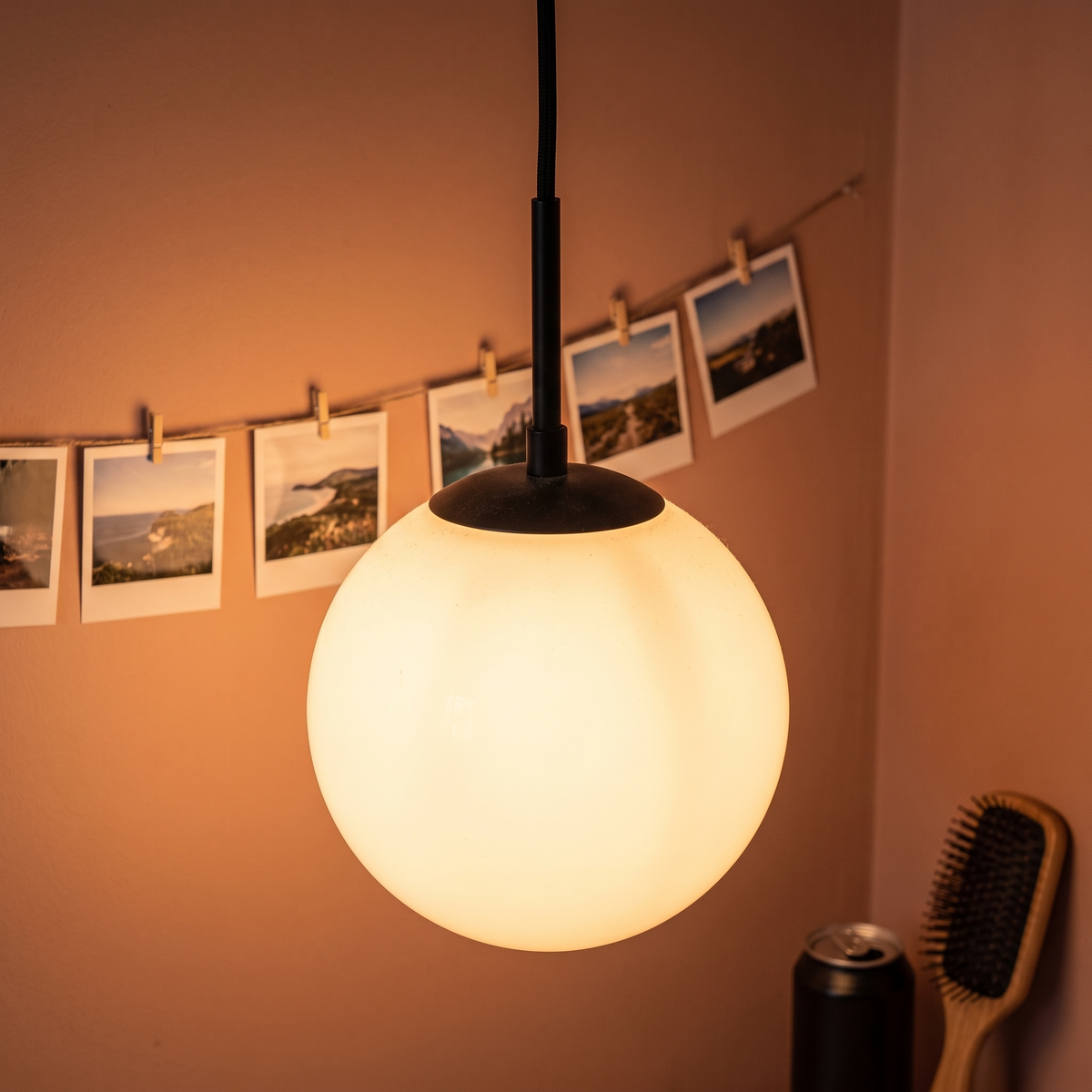 Opal glass globe pendant, black finish with milk white glass