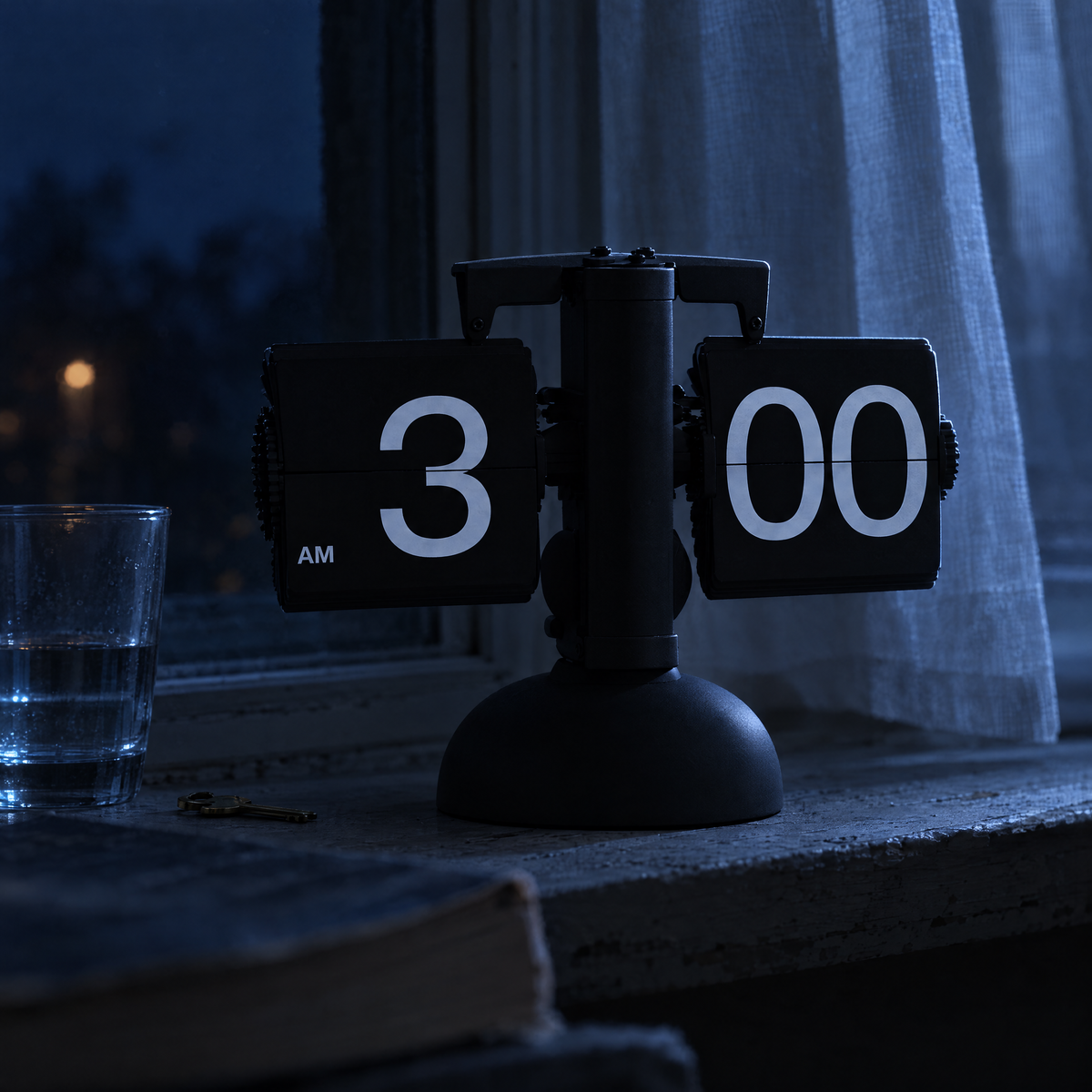 Matte black flip clock on a windowsill at night