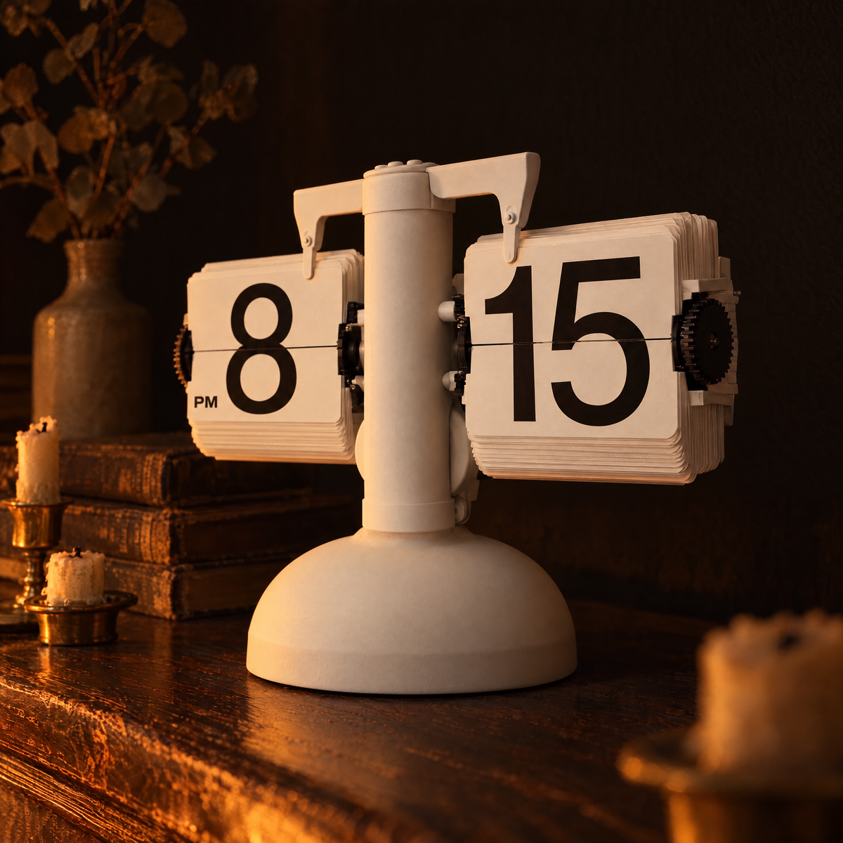 Matte white flip clock on a fireside mantel