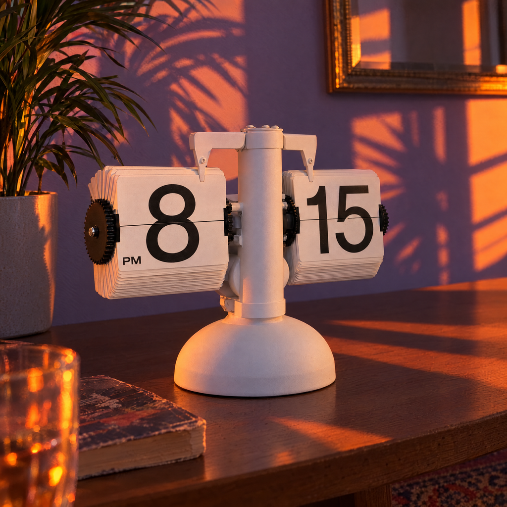 Matte white flip clock with black numerals in warm evening light