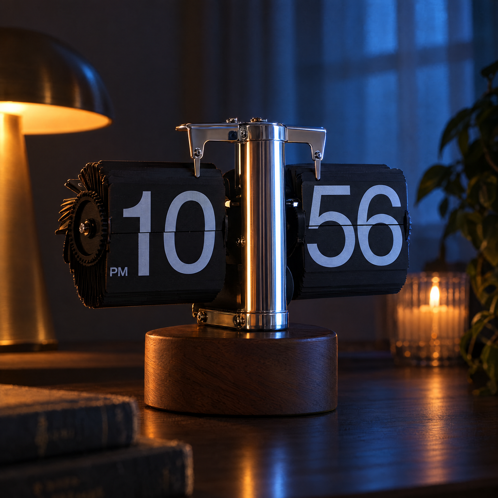 Verso wood-base flip clock with black cards and polished chrome upright