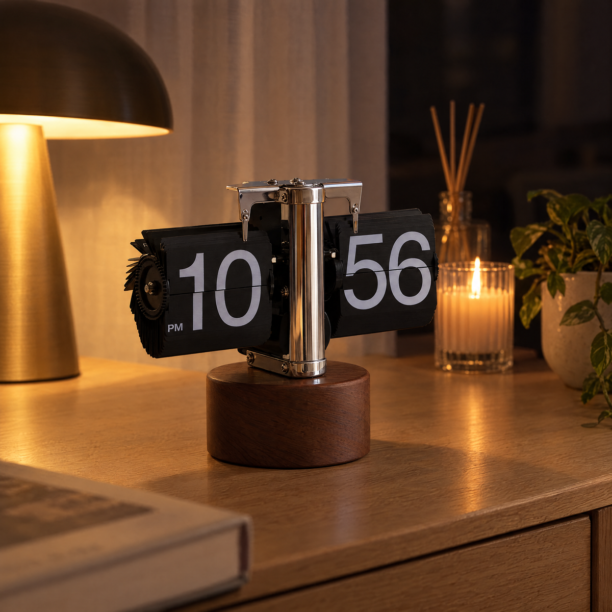 Wood-base flip clock on a warmly lit bedside table