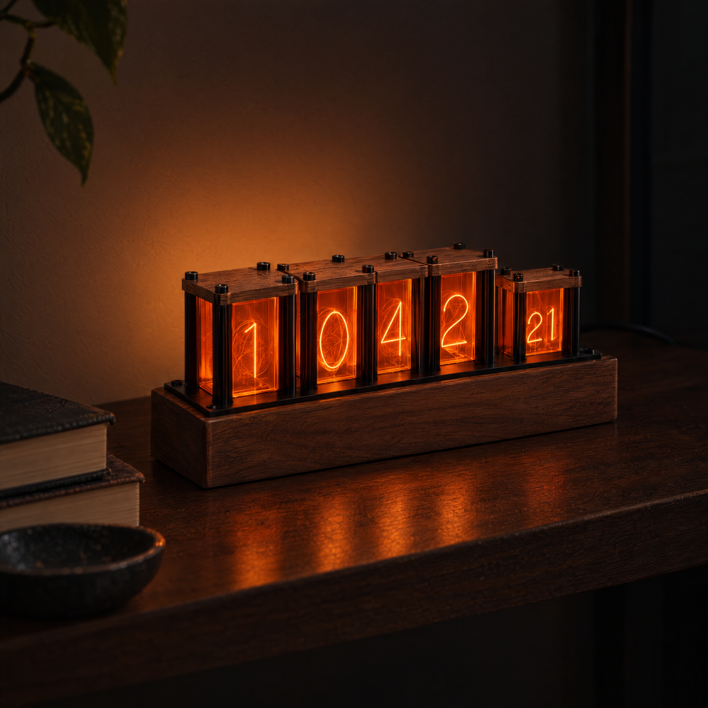 Vesper illuminated desk clock in walnut, panels glowing warm amber on a dark shelf