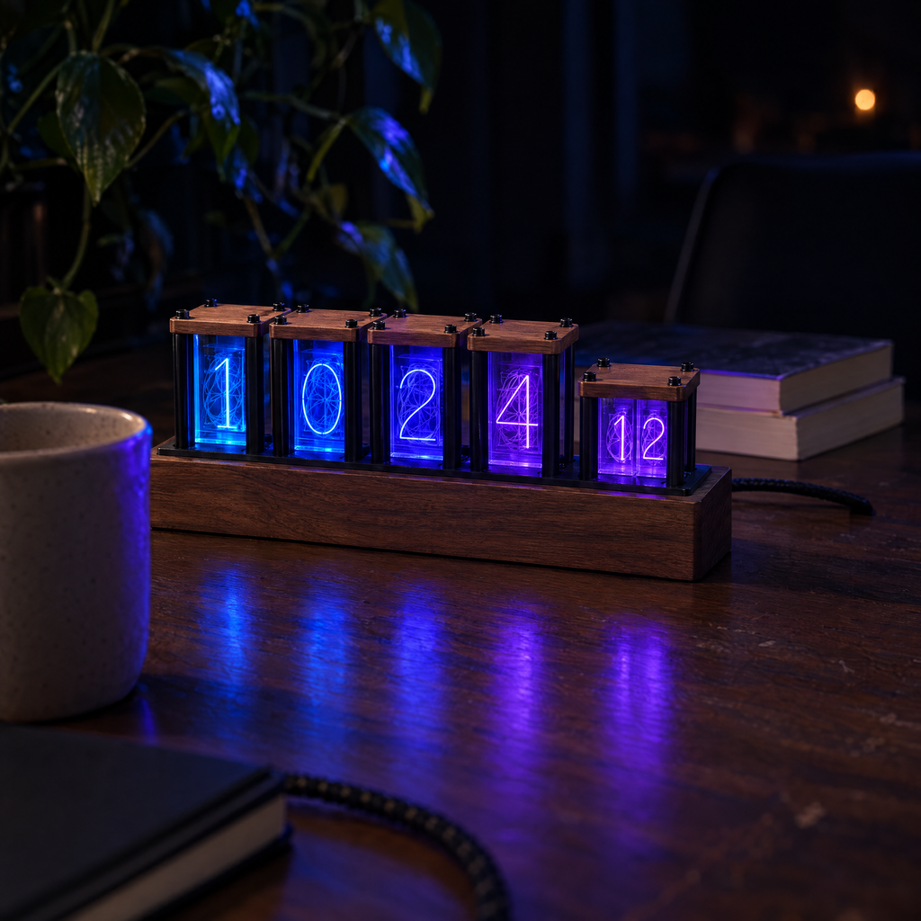 Vesper illuminated desk clock in walnut, panels glowing blue and violet on a dark desk